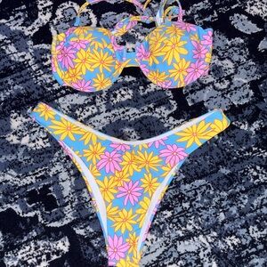 Floral Bikini Set in Blue and Yellow